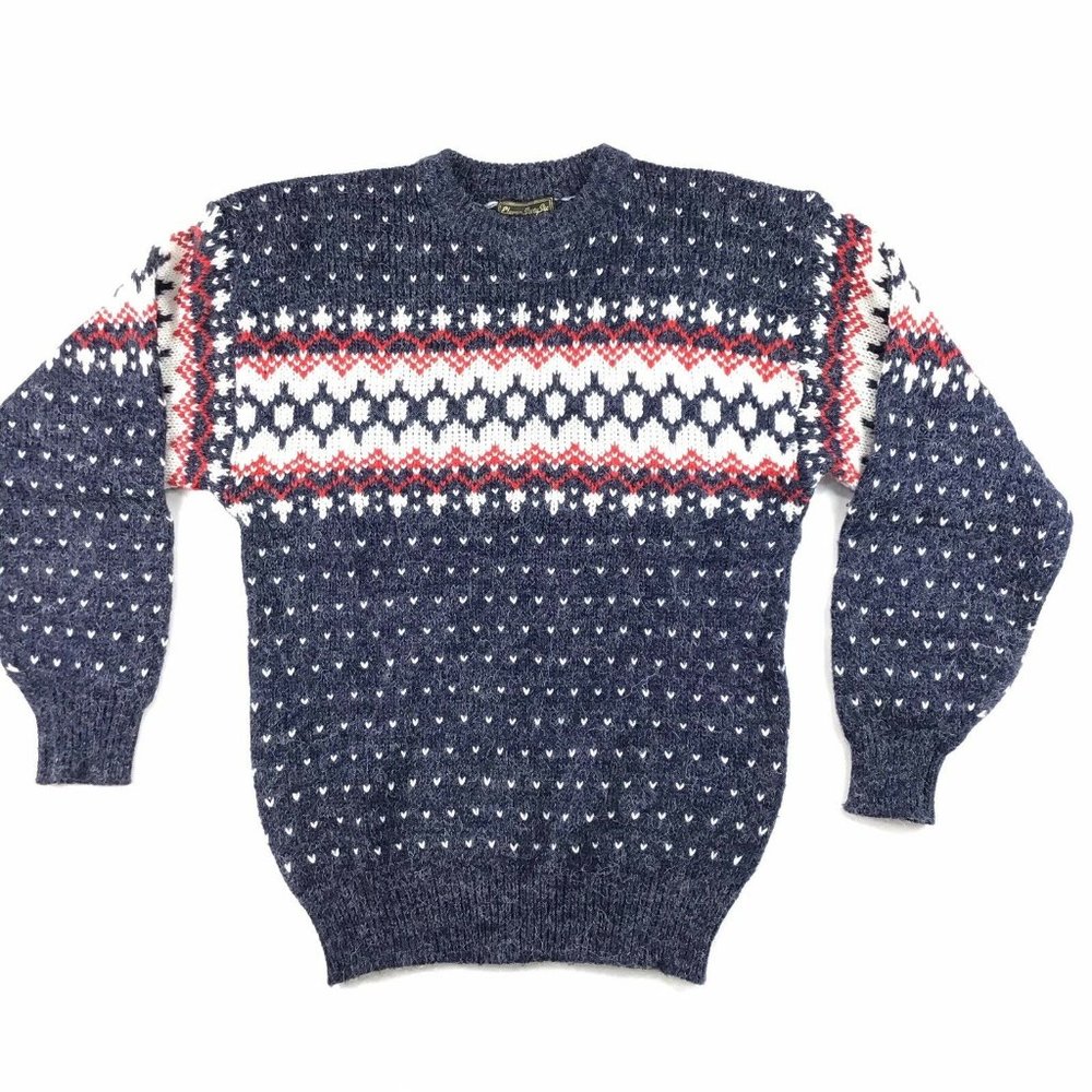 Vintage Mens Sweater L M Fair Isle Blue Red Traditional Print Star Snow Slim 70s